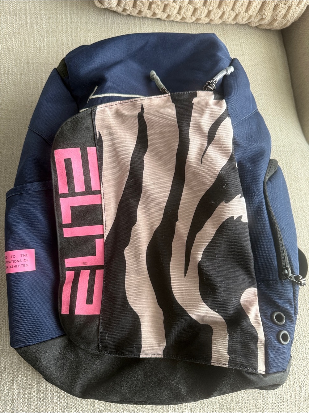 Nike Navy Blue Backpack with Pink ELITE and Zebra Print